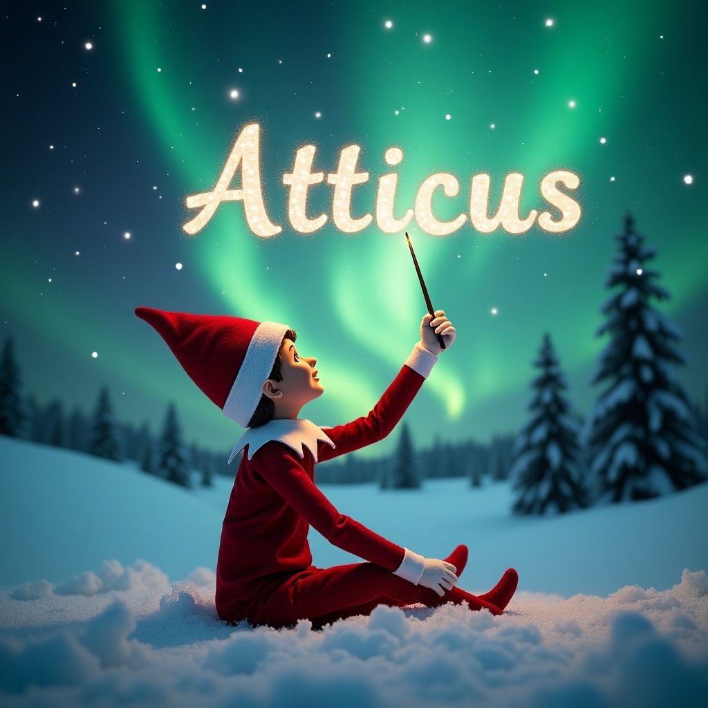 An elf on the shelf sits in a snowy landscape. The elf gazes at the sky. A magic wand is used to write 'Atticus'. Northern lights are in the background. The elf wears a red outfit that contrasts with the snow. The scene is magical and captures the spirit of Christmas.