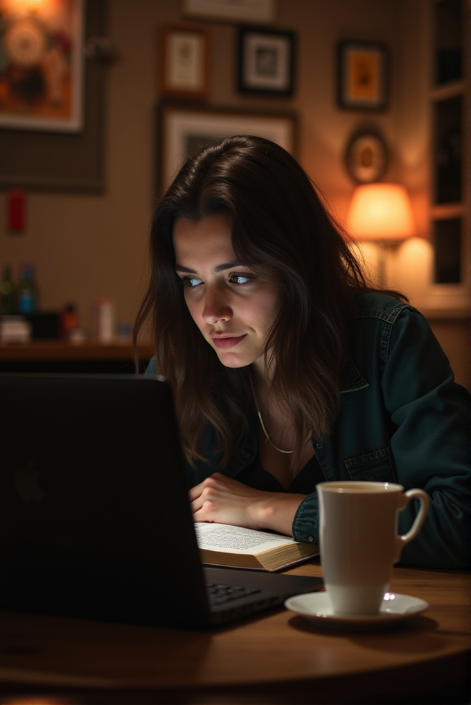 A woman is intently reading a book at a table with a laptop and a coffee cup.