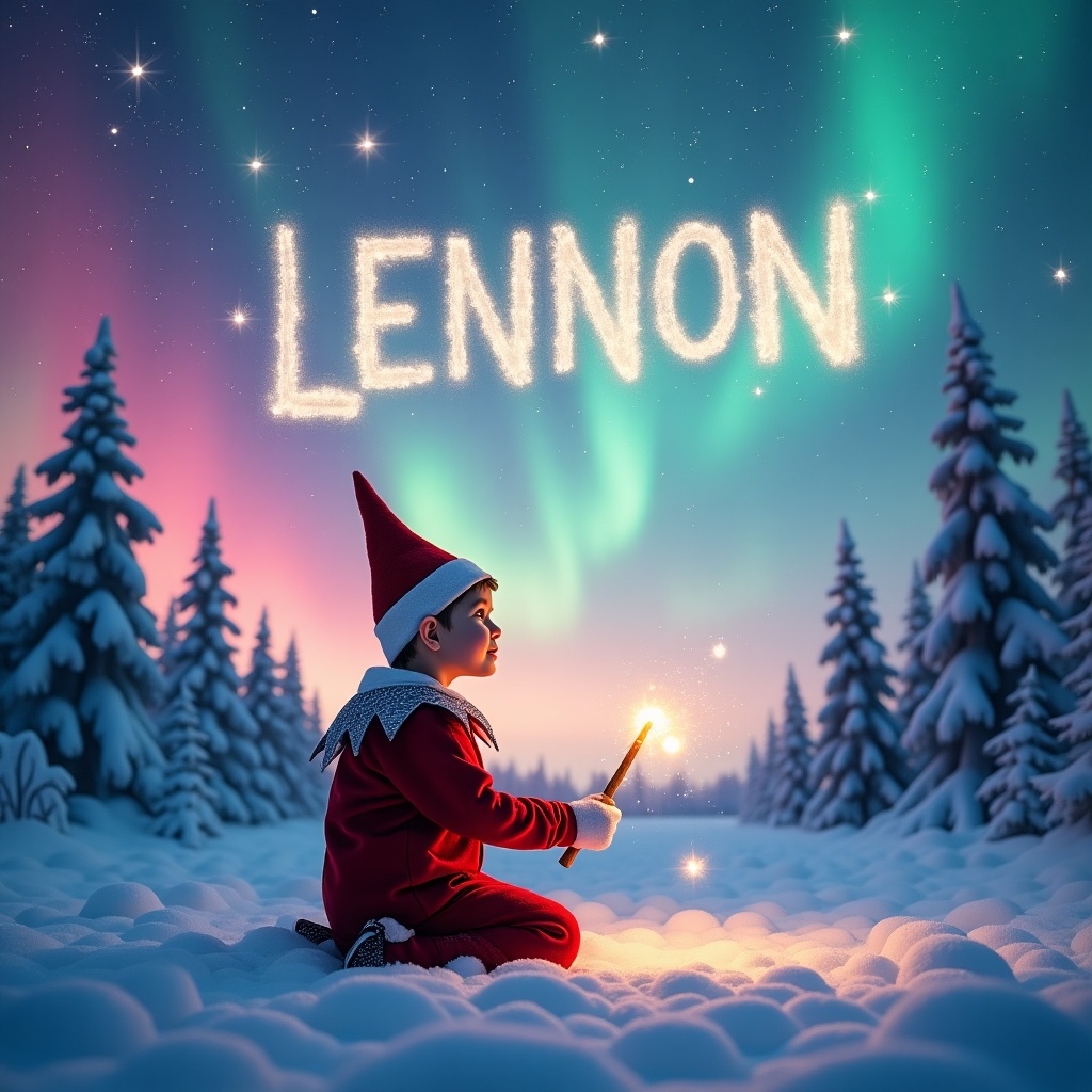 The image showcases a child dressed as an elf, sitting in a snowy landscape under a stunning display of northern lights aurora borealis. The child holds a wand-like object that emits a soft light, illuminating the surroundings. Trees covered in snow create a peaceful winter atmosphere, with an enchanting sky painted in pinks and blues surrounded by stars. The scene conveys a sense of magic and wonder, reflecting a joyful holiday spirit. The elf is writing the name LENNON in the sky, further enhancing the magical feel of the moment, while ballerinas dance nearby, adding to the whimsical charm.