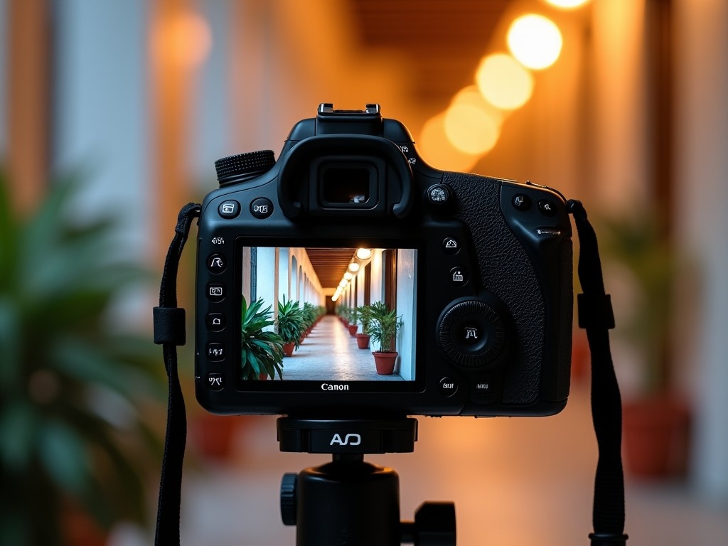 A close-up shot of a Canon camera mounted on a tripod. The camera's LCD screen is prominently displayed, showcasing a hallway filled with greenery. The hallway is illuminated with warm, inviting lighting. This image captures the essence of photography and the beauty of indoor plant arrangements. The perspective emphasizes the focus on the camera and its screen, creating a sense of immersion in the art of capturing moments.