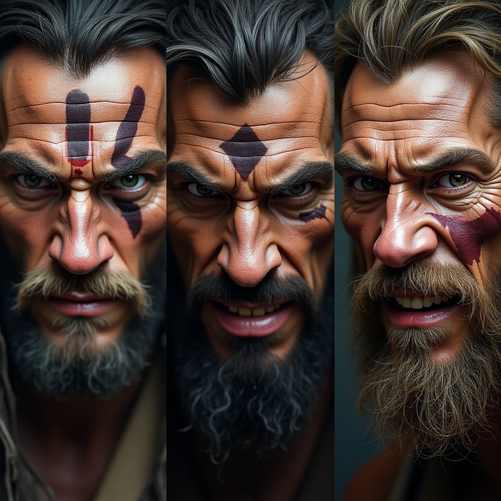 Close-up portraits of three fierce-looking barbarian faces. Each face displays intense emotions and intricate facial markings. Detailed features and expressions highlight their strength and warrior spirit.