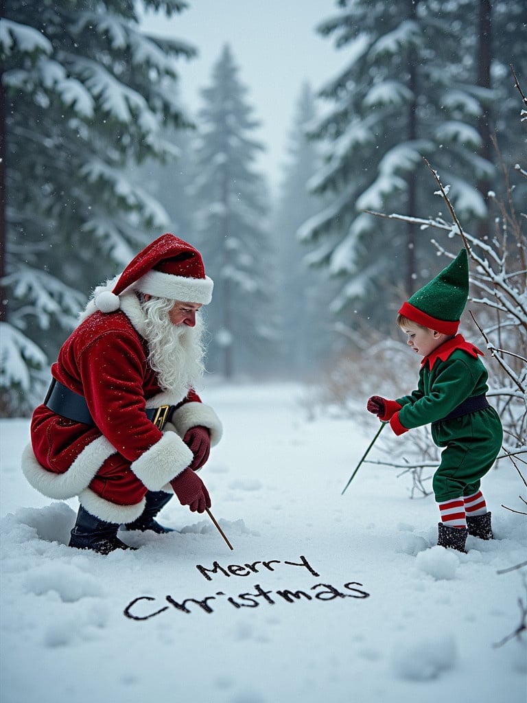 Santa and an elf are in a snow-covered woodland. They are writing in the snow. The message reads Merry Christmas.