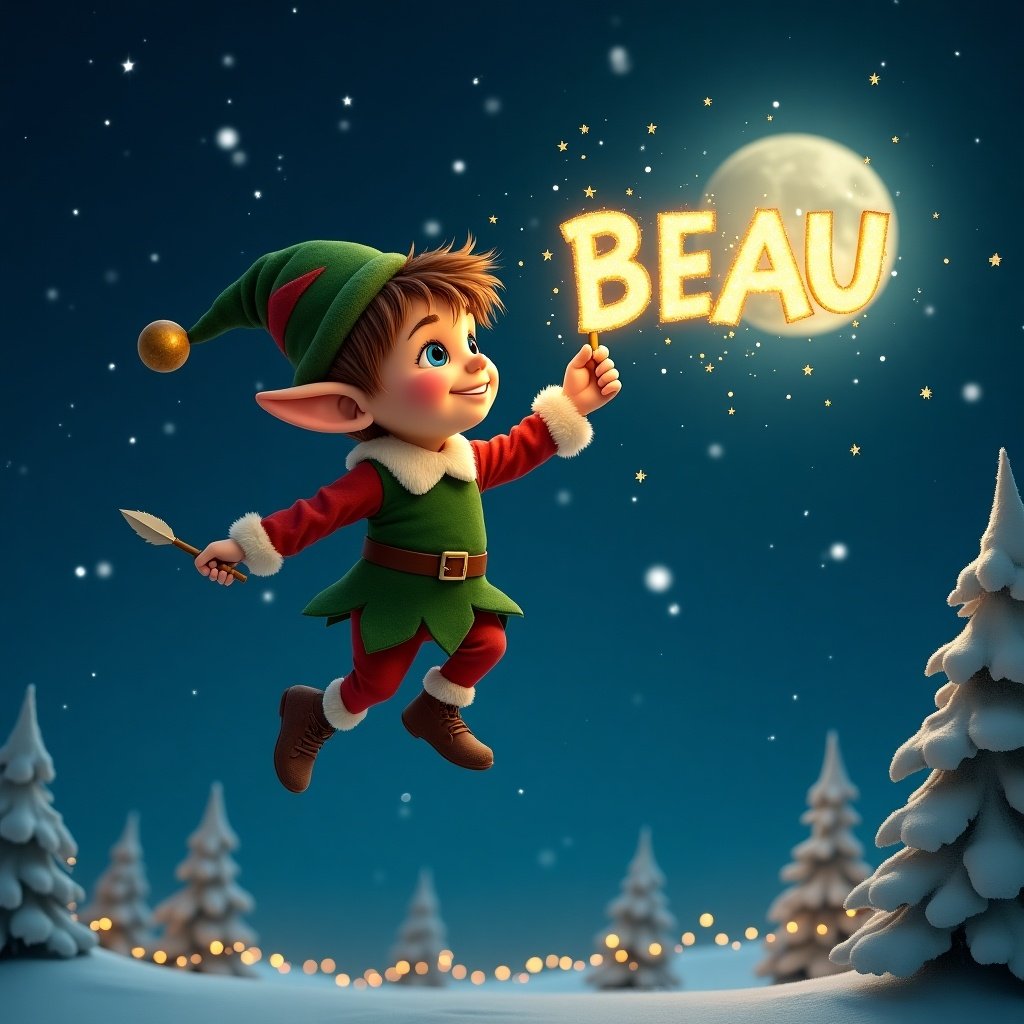 An enchanting scene featuring a boy elf with brown hair and blue eyes, mid-air against a starry night sky. He wears a red and green outfit with a jingle bell hat. The elf writes 'BEAU' in shimmering golden letters using a glowing quill. Snowflakes gently fall around him, creating a magical atmosphere. Below, snow-covered trees and twinkling lights set the holiday mood. The bright moon casts a gentle glow, highlighting his joyful expression as he creates the festive words.