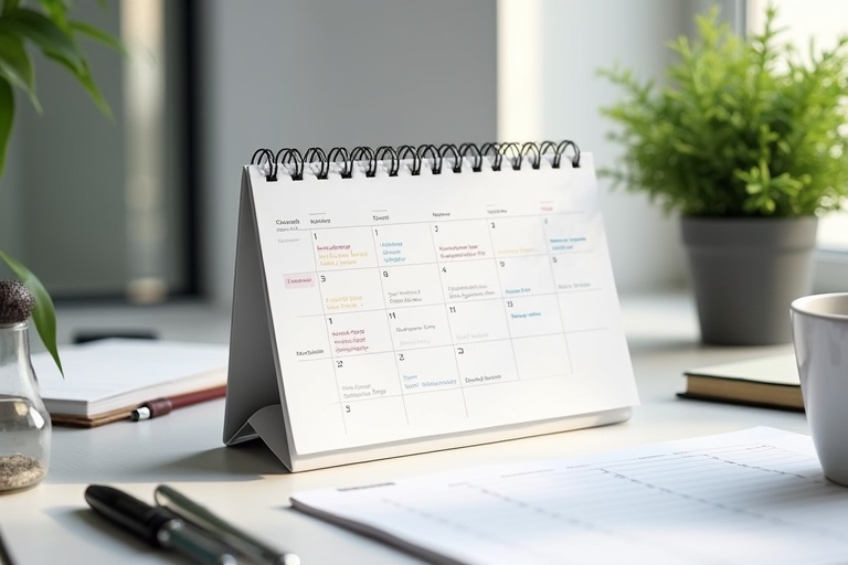 A calendar placed on a desk. The calendar is open and displays a monthly layout with dates. A plant is situated nearby. A coffee cup rests in front. Pens and a notepad are visible in the scene. Natural light enters the room from a window.