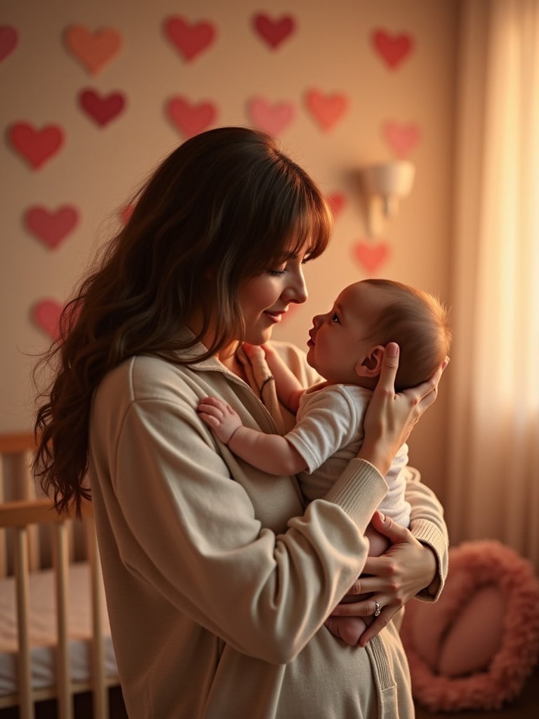 A heartfelt portrayal of motherhood. Two figures embrace in front of a heart backdrop. This captures deep emotional connection. The scene evokes tenderness and love. A mother lovingly holds her baby in a nursery. The room is softly lit, creating a warm atmosphere. The mother looks down at her baby. The baby gazes back with wide eyes. This image embodies love and bond between parent and child.