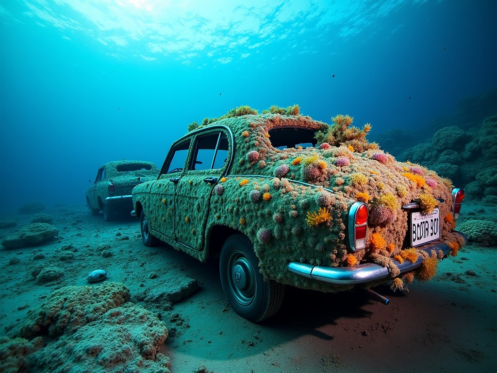 a vintage car submerged underwater, covered in coral and marine growth