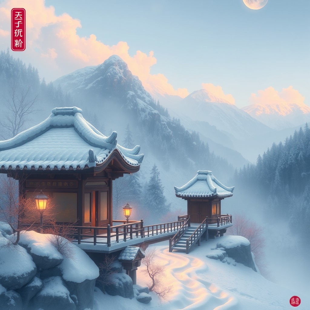 A snow-covered pagoda sits peacefully amidst a serene mountainous landscape under a full moon.