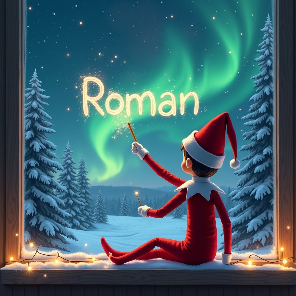 The artwork features an elf on the shelf positioned with its back to the viewer. This elf is clad in a red and white outfit, wearing a classic elf hat. It holds a wand, pointing it toward the sky to write a child's name in magical letters. The background displays a breathtaking winter landscape with snow-covered trees and an enchanting display of northern lights in various shades of green and blue. The scene is further enhanced by the warm glow of twinkling lights in the foreground, reminiscent of Christmas festivities.