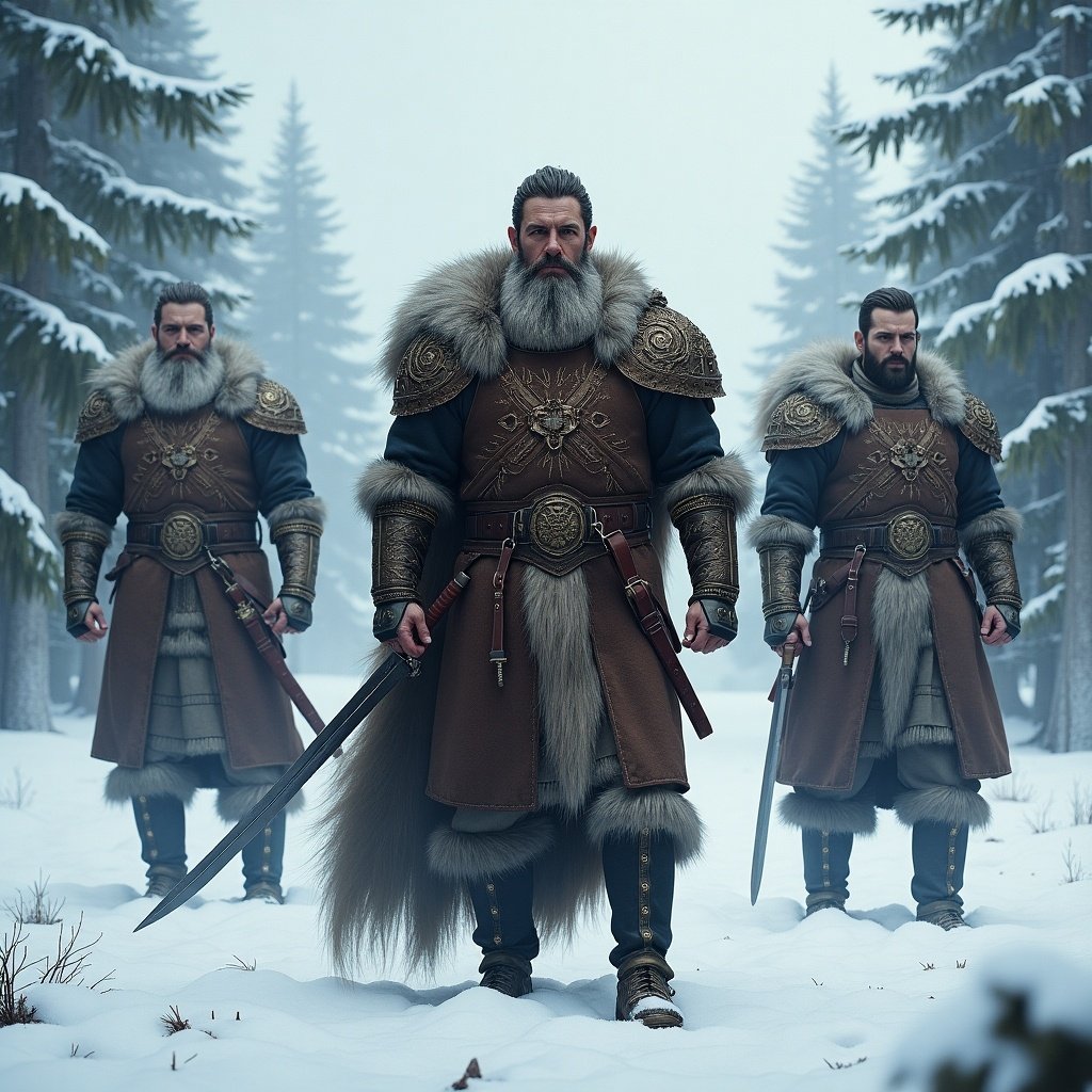 Three ancient warriors depicted as winter soldiers. They stand in a snowy forest. Each soldier is dressed in fur-lined armor. The central figure is prominent. The atmosphere is cold and mystical.