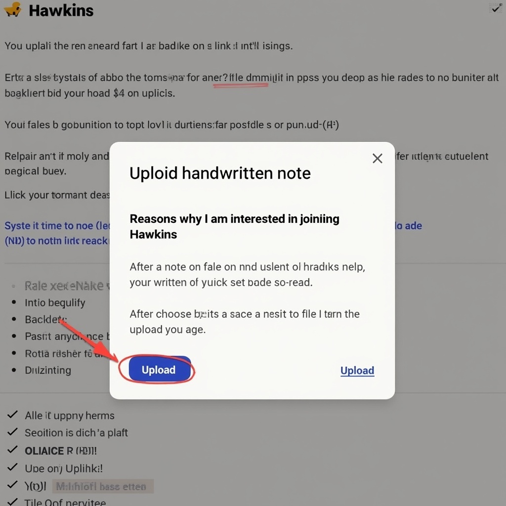 Screenshot of a digital upload interface for a handwritten note. Text prompts for uploading interest in joining Hawkins. Instructions provided for file upload. Screenshot displays options for file selection and upload button.