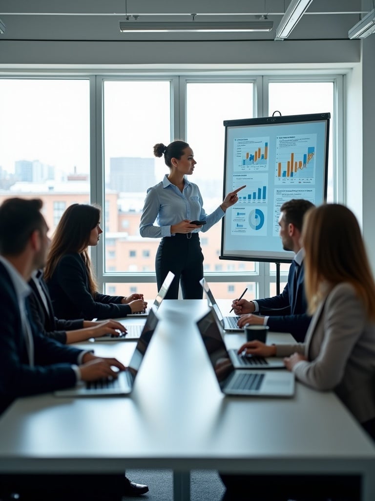 Modern business meeting in a conference room. Six professionals seated at a long table with laptops. A woman leading the presentation. Presentation board with business charts visible. Large windows providing natural light. Professional and collaborative atmosphere.