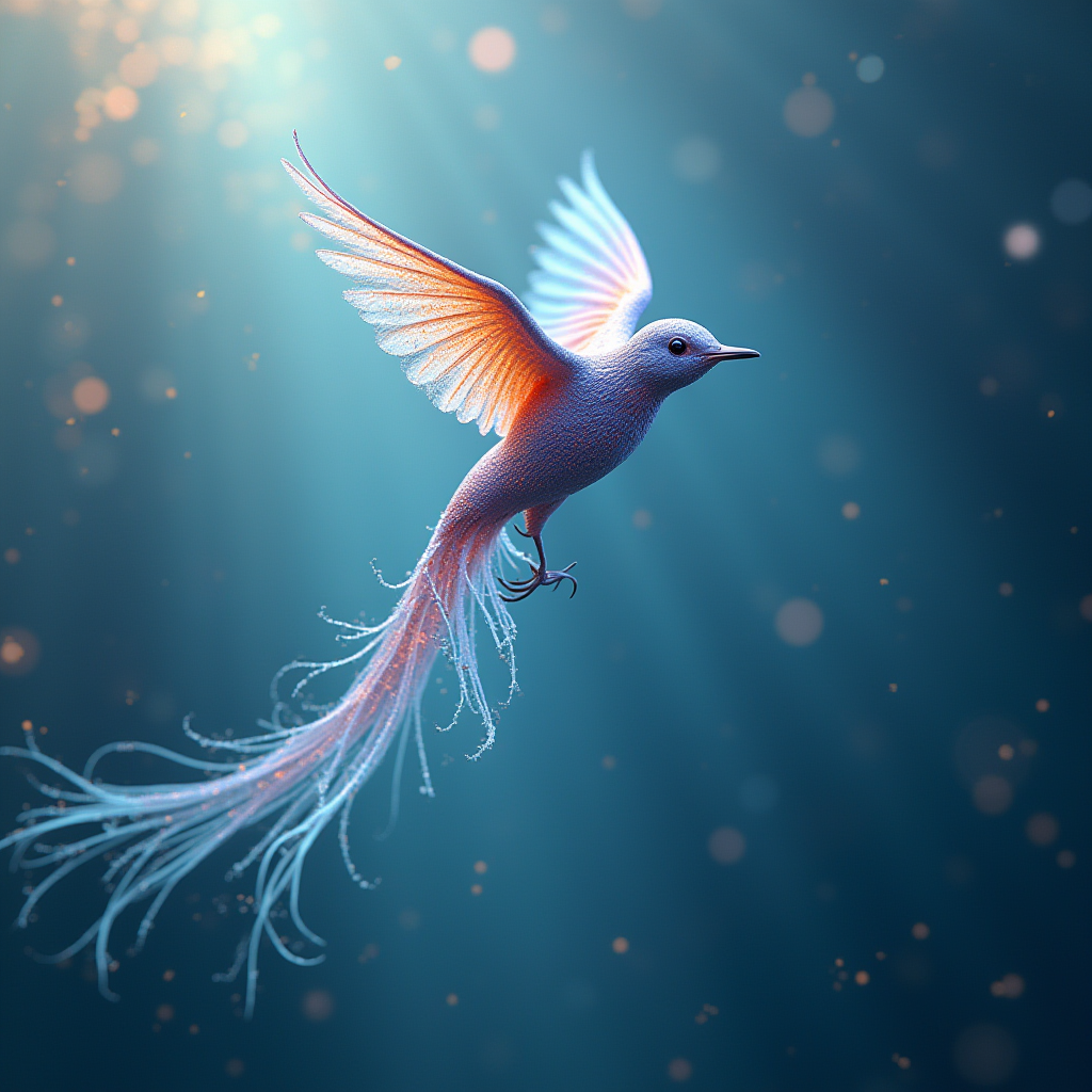 A fantasy bird with ethereal feathers gracefully soars against a magical, glowing backdrop.