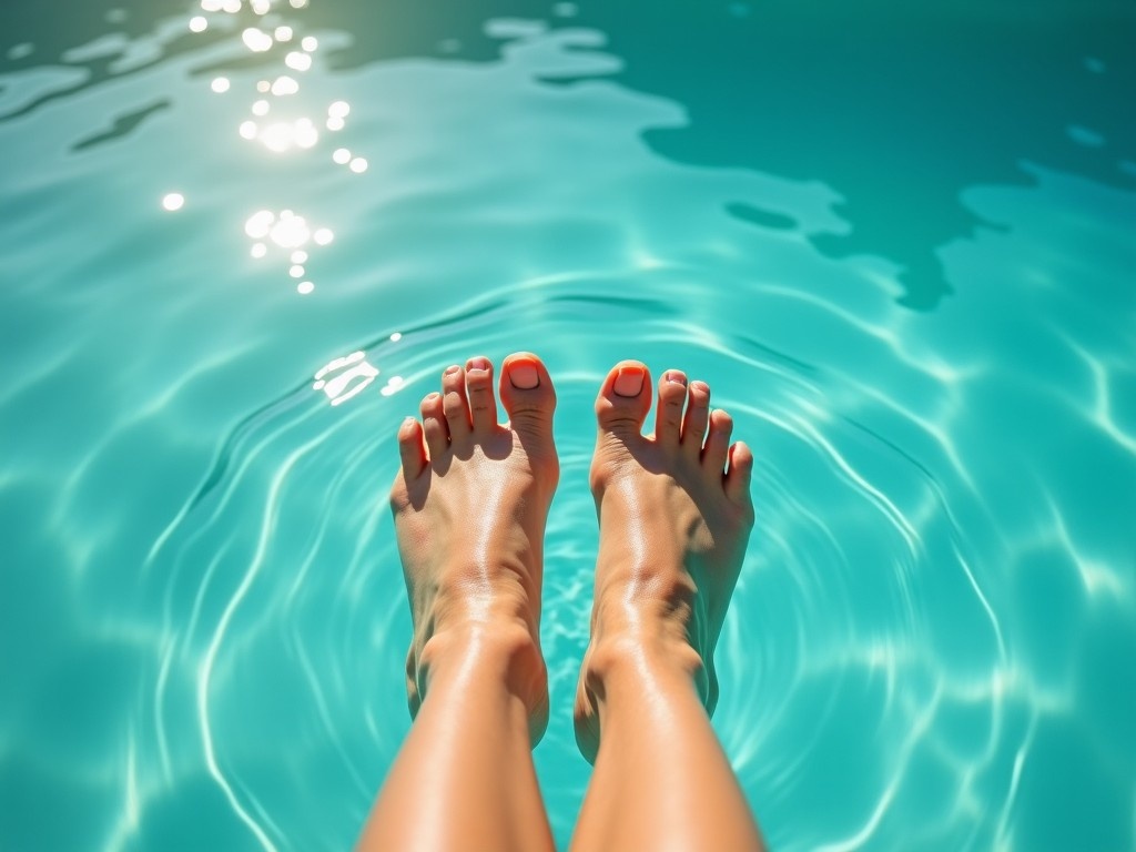 The image captures a serene and relaxing scene of a pair of legs with bare feet submerged in calm turquoise water. Sunlight reflects off the water, creating a warm and inviting glow. The toes are slightly spread, and gentle ripples form around them, emphasizing the tranquility of the moment. The legs look sun-kissed and smooth, suggesting a day of leisure and enjoyment. This mesmerizing scene evokes feelings of summer and relaxation, perfect for anyone looking to unwind by the poolside.