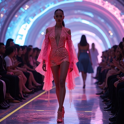 Model showcasing a futuristic avant-garde couture outfit on a runway. Bright pink fabric with sparkling details. Audience in a stylish setting. Vibrant lighting enhances the fantasy feel.