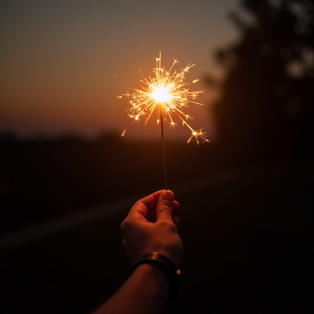 A hand holds a sparkling sparkler against a backdrop of a dusky sky.