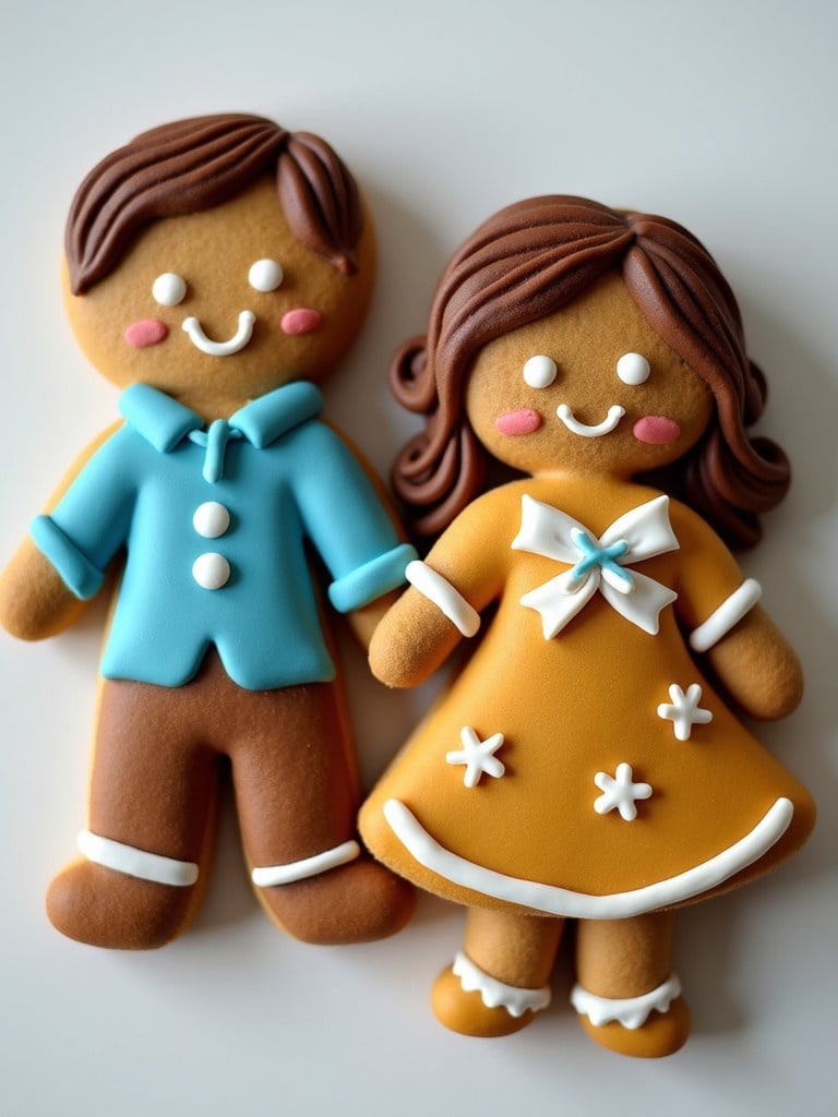 Gingerbread couple with male in blue collar outfit. Female gingerbread dressed daintily with brown hair. Cookies decorated with icing.