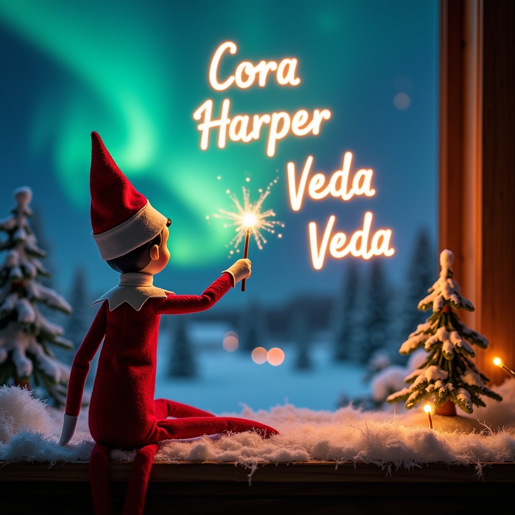 An enchanting Christmas scene featuring an elf on the shelf with its back to the viewer. The elf, dressed in classic red and white, wields a magic wand, artistically writing 'Cora', 'Harper', and 'Veda' in glowing script above. The backdrop comes alive with vibrant northern lights, creating a magical atmosphere. Snow-covered trees frame the scene, adding to the festive look. The soft glow from nearby candles enhances the cozy and cheerful ambiance, celebrating the joyful spirit of Christmas. This scene is filled with wonder and excitement, perfectly embodying the holiday season.