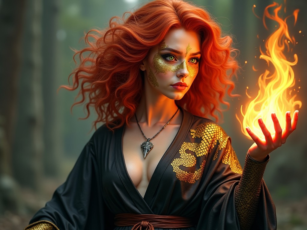 A stunning young human sorceress with ruby-red curly hair stands in a dynamic pose. She raises her arm with fingers spread, conjuring a magical flame. Her vibrant emerald-green eyes show confidence as she gazes ahead. Golden dragon-like scales adorn her face, contrasting with her pale skin. Dressed in a fitted black leather robe, she exudes power and mystery. The flame dances in her hand, reflecting an otherworldly light. This character embodies a blend of warrior and spellcaster, with intricate details enhancing her presence.