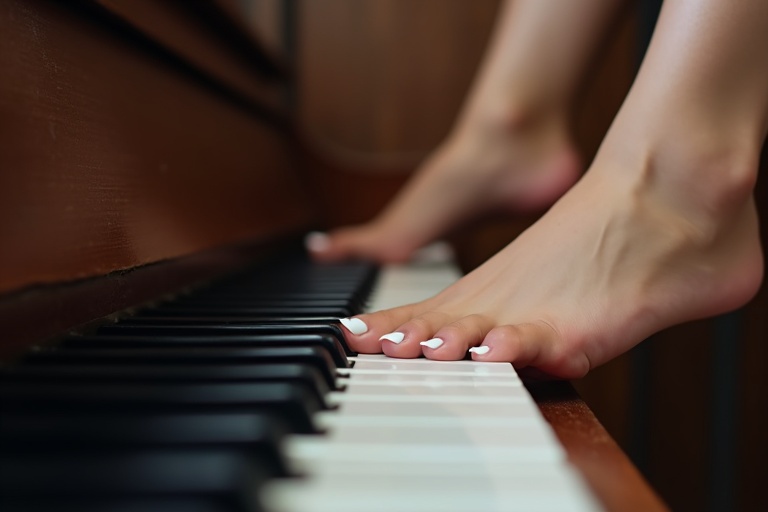 A woman with white toenail polish has feet over piano keys. Image taken from side view focusing on feet and piano connection. No hands are shown.