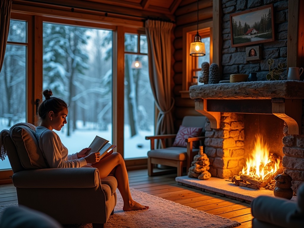 A woman sits cozily in an armchair by a roaring fireplace, engrossed in a book. The rustic room features wooden walls and large windows, revealing a snowy landscape outside, emphasizing warmth and tranquility. The soft glow of the fire and hanging lamps create an inviting atmosphere that contrasts with the chilly outdoor scene.