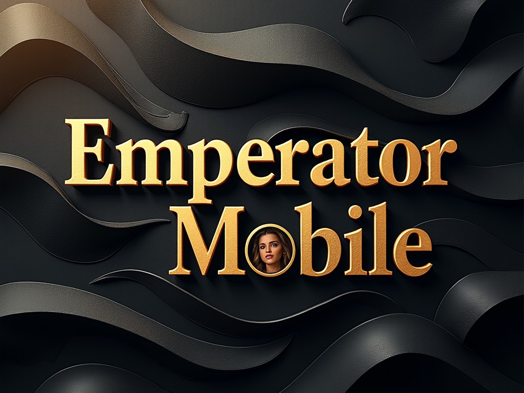 The image features the brand name 'Emperator Mobile' prominently displayed in golden letters against a textured black background. The use of luxurious colors and textures gives a sense of sophistication and elegance. A small, round portrait of a woman is cleverly integrated into the letter 'O', adding a personalized touch to the design.