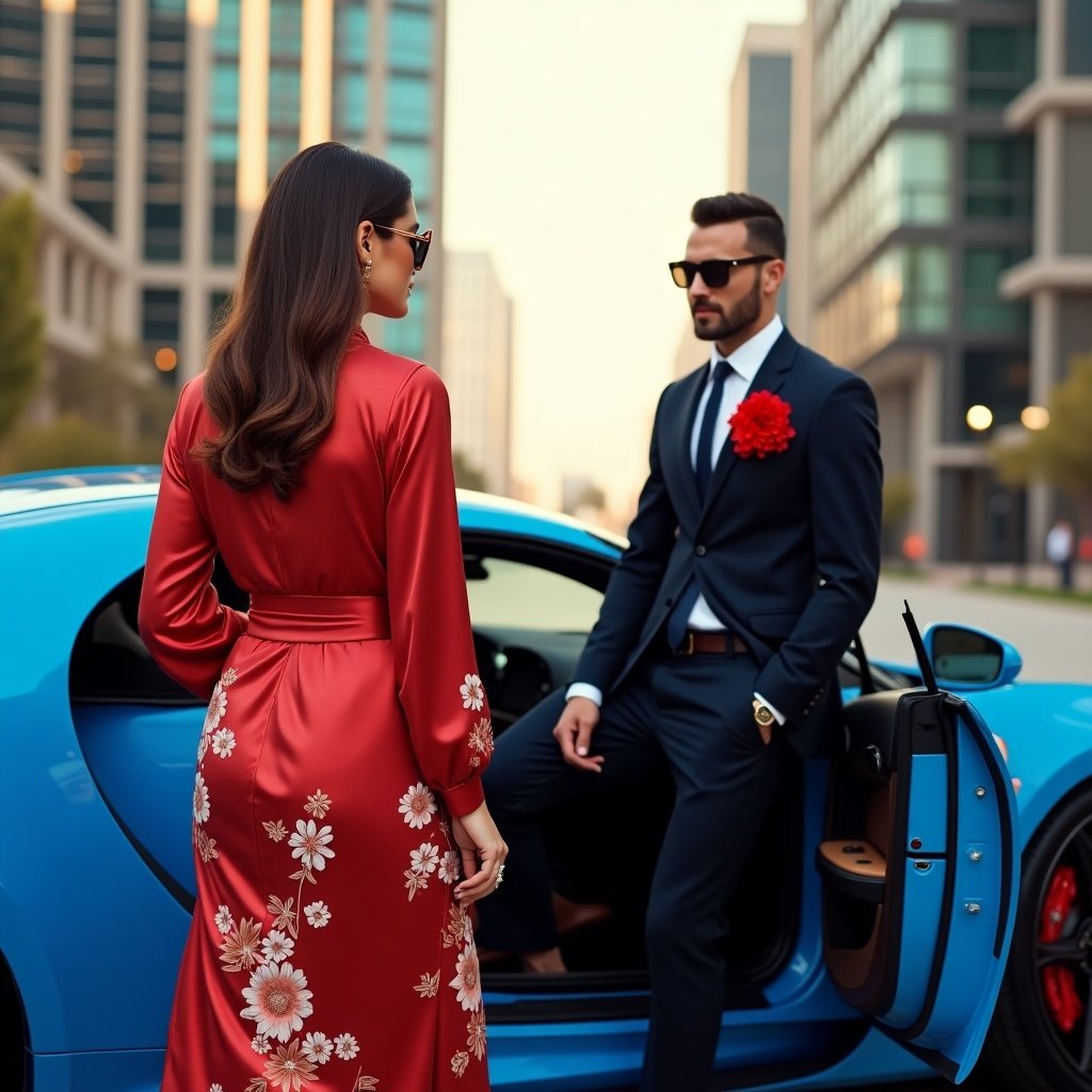 A woman in a red robe with floral designs stands gracefully. A stylish man steps out of his blue Bugatti, wearing a business suit and sunglasses. The luxury car door is wide open. Modern buildings in the background shine in the evening light. This scene depicts wealth and success in a contemporary urban environment.