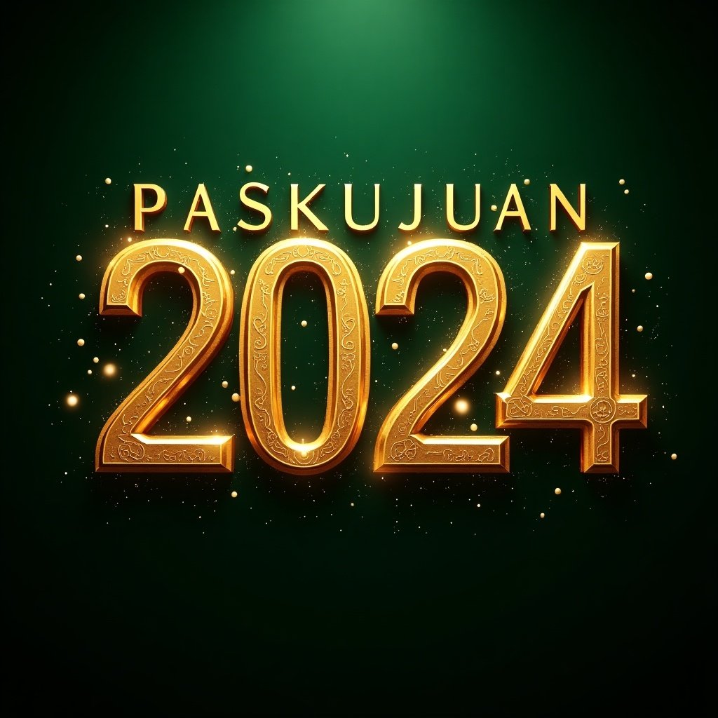 Richly embellished golden letters PASKUJUAN 2024 Intricate designs Dark green background Glowing particle effects