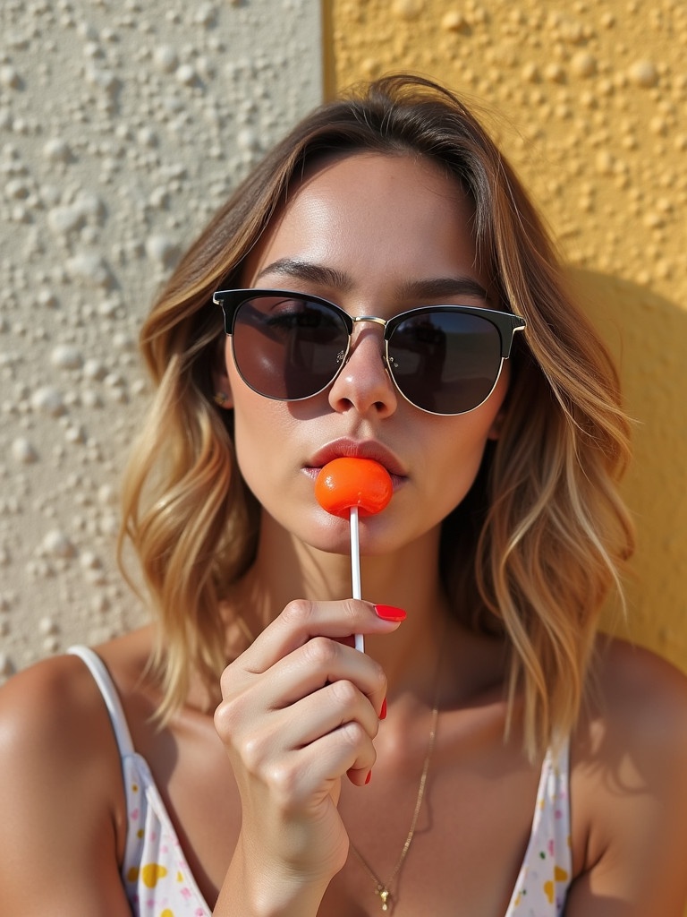 A woman enjoys a lollipop while posing against a textured wall. She wears sunglasses and has a casual summer outfit. The setting has a bright and sunny ambiance with a colorful background.