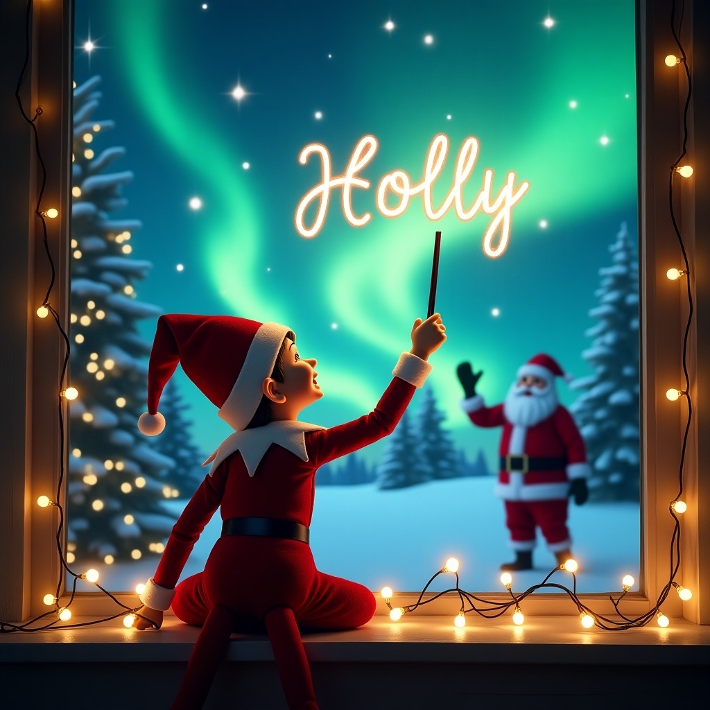 An enchanting holiday scene featuring an elf on the shelf joyfully using a magical wand to write the name 'Holly' in the shimmering sky. The elf, with its back towards the viewer, adds a sense of mystery and wonder. Behind the elf, the vibrant Northern Lights illuminate the night, creating a mesmerizing background. Santa Claus is seen in the distance, enhancing the festive atmosphere. Twinkling string lights frame the window, contributing to the Christmas charm. This image beautifully captures the joy and wonder of the holiday season, appealing particularly to children and families.