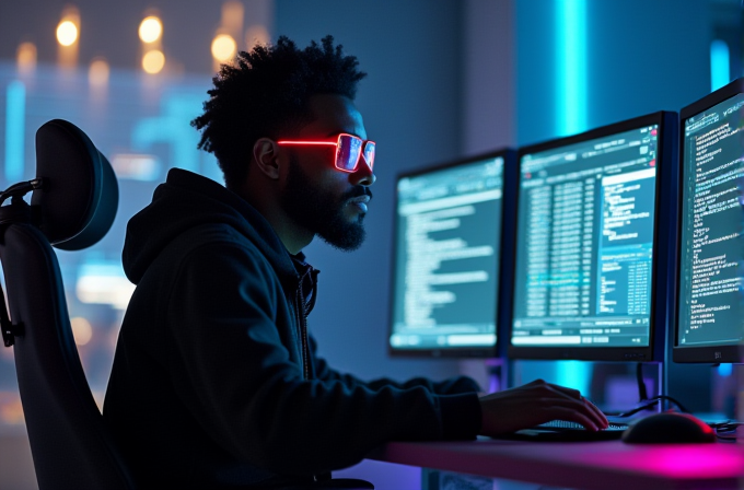 A person wearing futuristic glasses focuses intently on multiple computer screens filled with technical code in a dimly lit, neon-illuminated room.