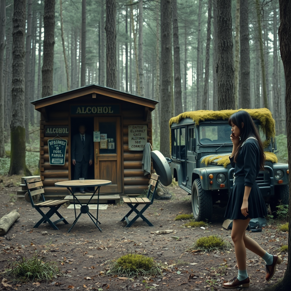 A girl walks away from a solitary cabin labeled 'Alcohol' in a dense forest, next to an overgrown vehicle.