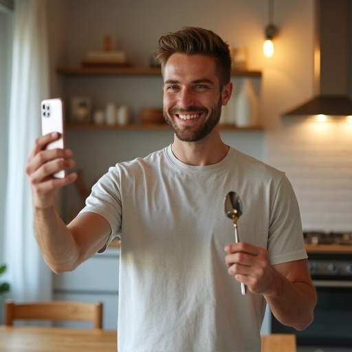 Image features a Caucasian man with an average build holding a smartphone in one hand and a spoon in the other. The setting is a modern kitchen with a relaxed atmosphere. The man's posture suggests a casual mood, emphasizing his enjoyment of cooking or food. Bright natural light filters into the room, enhancing the inviting ambiance.