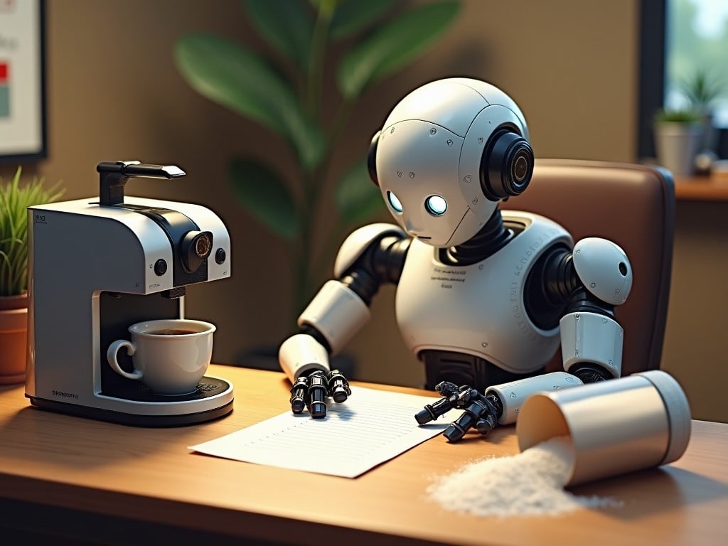 A cute humanoid robot sitting at a desk, making coffee with a high-tech espresso machine, in a cozy office setting surrounded by plants, with a pile of spilled sugar on the desk, soft natural lighting, digital art style.