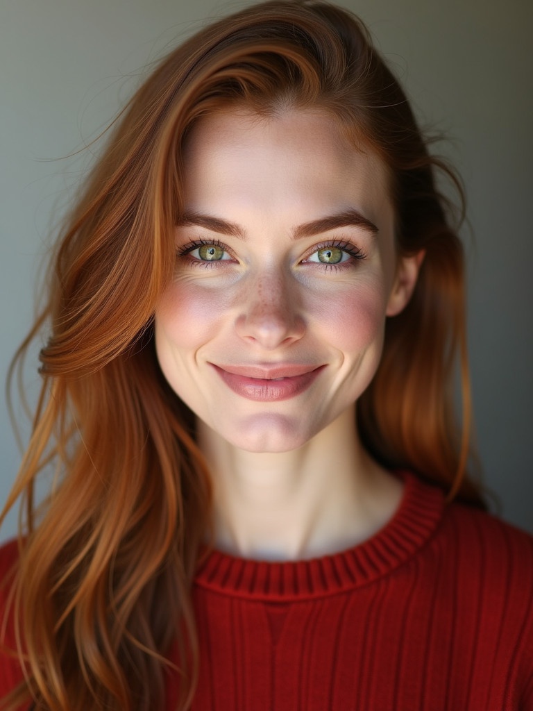 Image of a woman with green eyes and full lips. She wears a red sweater. Long auburn hair flows around her. Soft natural lighting highlights her features. Neutral background emphasizes her gaze and smile.