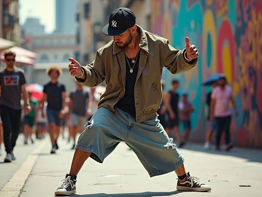 The image depicts a dancer performing in the middle of a lively urban street. The dancer is wearing a casual yet stylish outfit that includes a baggy jacket and loose shorts, showcasing a relaxed vibe. The background is vibrant with colorful murals, reflecting the dynamic city atmosphere. People can be seen walking around, creating a sense of community and movement. The dancer's pose is expressive, capturing the essence of street dance culture in a bustling environment.