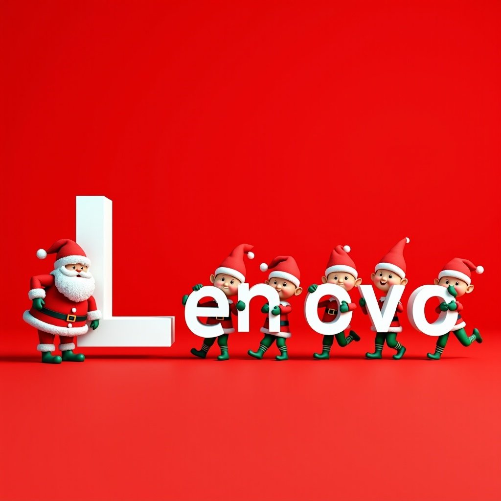 Vibrant red background features Santa Claus leaning against a large white letter 'L' with cheerful elves carrying letters that spell 'Lenovo'. Evokes festive holiday spirit ideal for technology promotions.