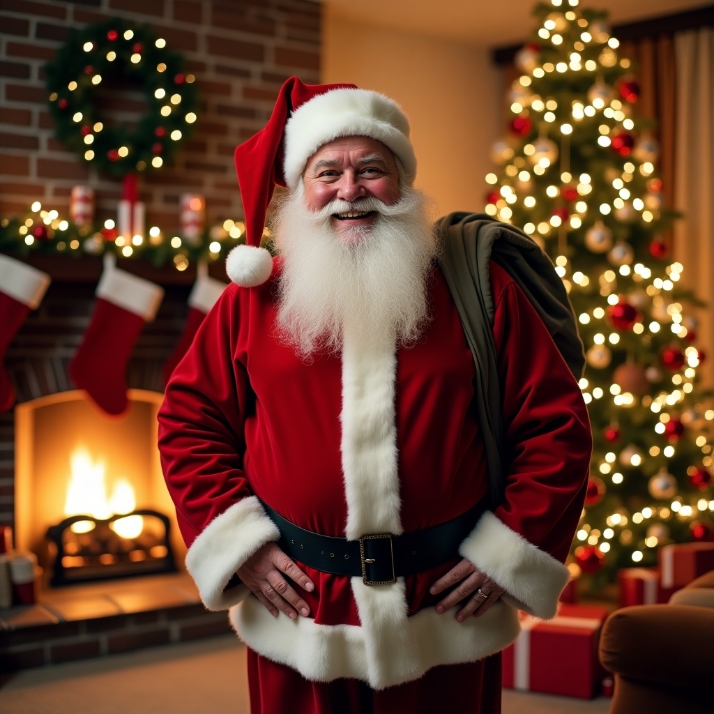 Santa Claus stands in a cozy living room. The environment is festive, with a Christmas tree and stockings. A warm fireplace adds ambiance.