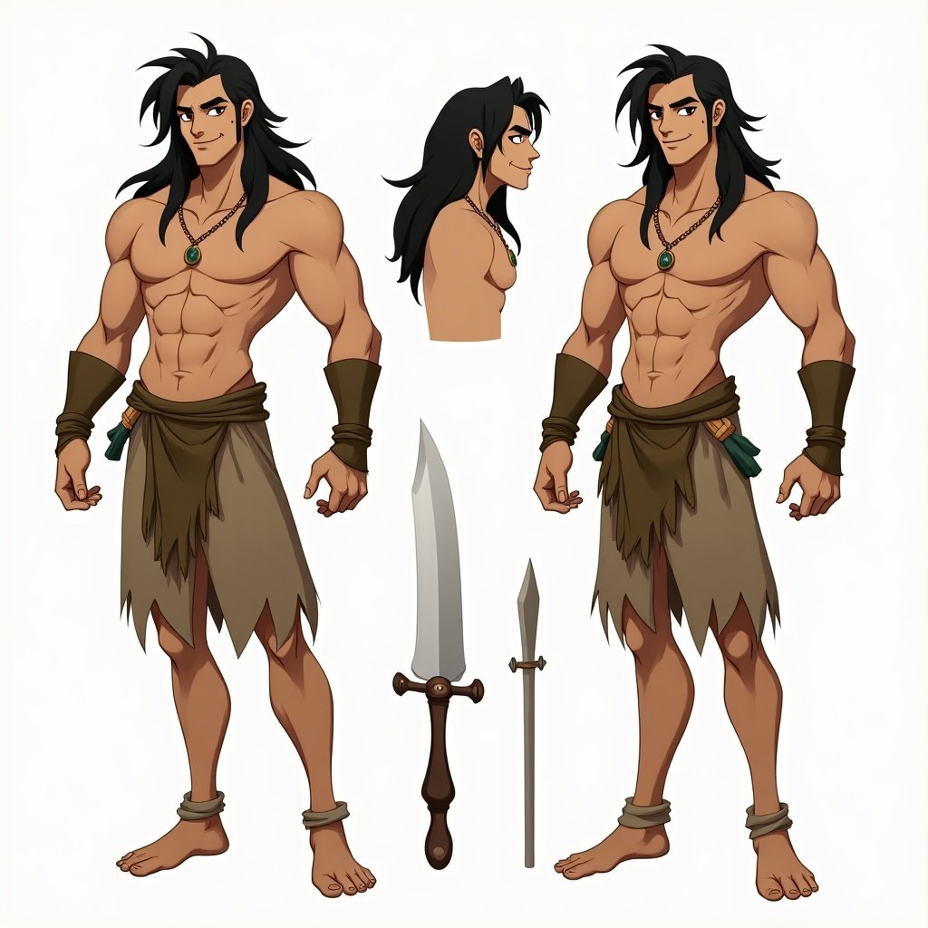 An animated male character designed for a fantasy setting. Long dark hair and muscular build. Minimal clothing made from natural materials. Various accessories like a necklace and arm bands. Character shown in multiple views to showcase physique and outfit. Earthy color palette emphasizing connection to nature. Character exudes strength and agility, suitable for an adventurous role.