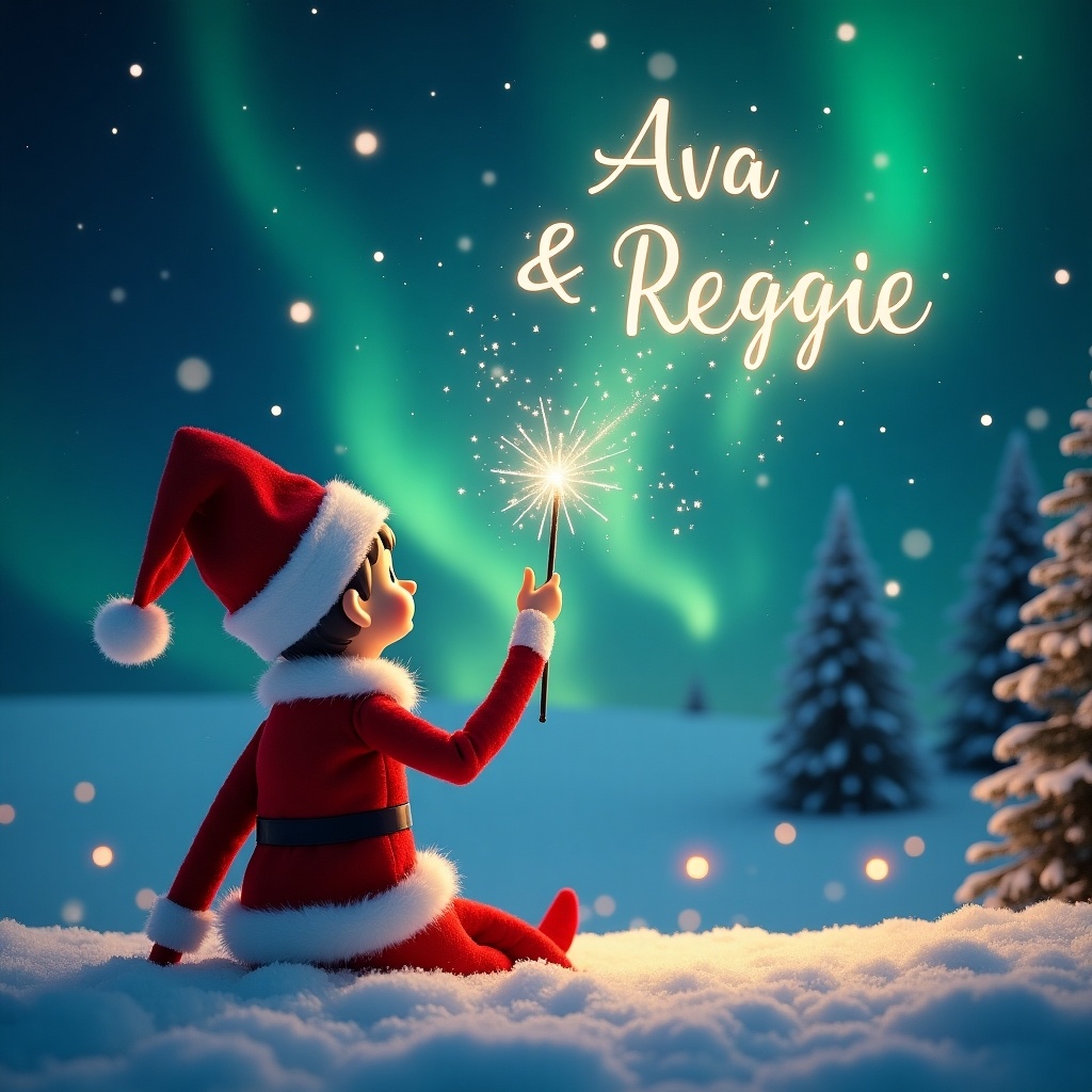 An elf on the shelf character sits in a snowy landscape, facing the majestic northern lights above. Dressed in a red Christmas outfit, the elf holds a wand, creating a sparkling effect as it writes names in the sky. The background showcases a beautiful winter scene with snow-covered trees. The names 'Ava & Reggie' are elegant and glow in the night sky. This enchanting image captures the essence of holiday magic, making it perfect for Christmas themes. It's a magical moment, filled with joy and wonder.