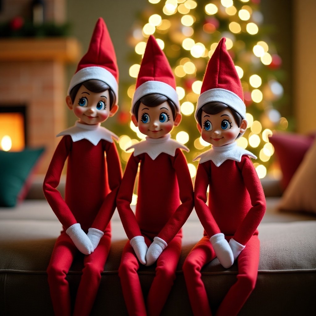 The image features three festive Elf on the Shelf dolls named Cole, Axel, and Jett. They are dressed in traditional red outfits with white cuffs and hats. The background includes a beautifully lit Christmas tree, enhancing the holiday spirit. The elves have cheerful expressions and are positioned closely together on a couch. Warm lighting adds a cozy feel to the setting, making it inviting and festive. This captures the essence of family traditions during Christmas.