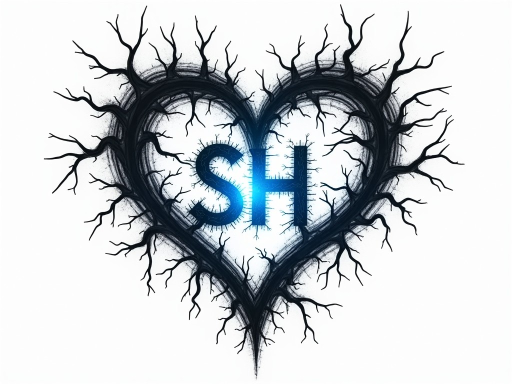 A visually striking digital art piece featuring a heart shape formed by intricate black branches or roots. The initials 'SH' are centrally placed within the heart, glowing with a bright blue light. The contrast between the dark branches and the luminescent letters creates a mysterious and surreal atmosphere.