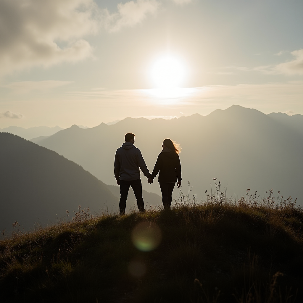 A couple holding hands, silhouetted against a mountain sunset.