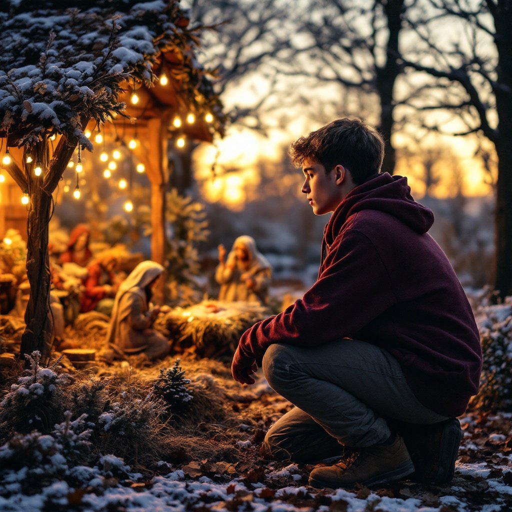 A sixteen year old boy in a maroon hoodie kneels before a Christmas manger scene. Warm lights illuminate the setting. Snow covers the ground.