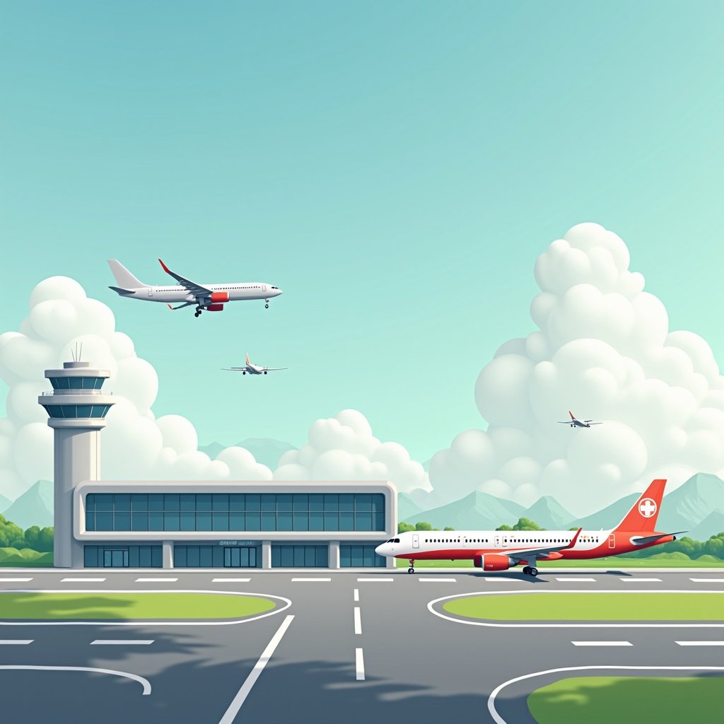 Illustrate a bright and cheerful airport exterior with a terminal building. Show airplanes landing and taking off in the background.