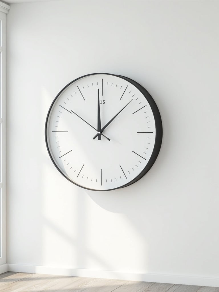 A modern wall clock with a sleek black frame is hanging on a white wall. The room is bright and minimalistic. The clock shows the time as 12:15.