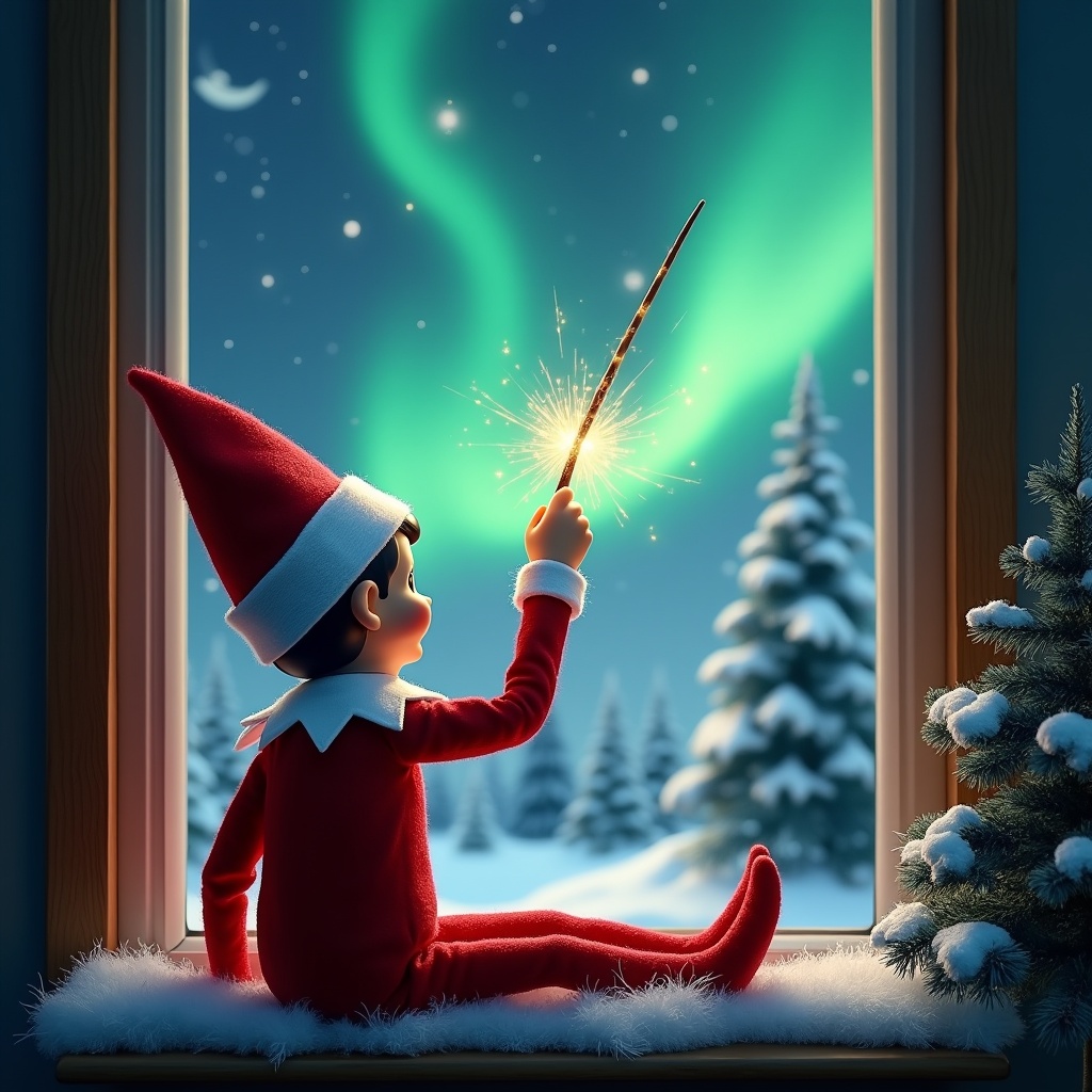 This image features an enchanting Christmas scene. An elf sits on a cozy windowsill, facing away and gazing out at the beautiful northern lights. He holds a wand, casting magical sparks into the air. The snowy pine trees in the background add to the picturesque winter setting. Adorned in a bright red outfit with fluffy white trim, the elf embodies the spirit of the holidays, making this a perfect scene for Christmas decorations.