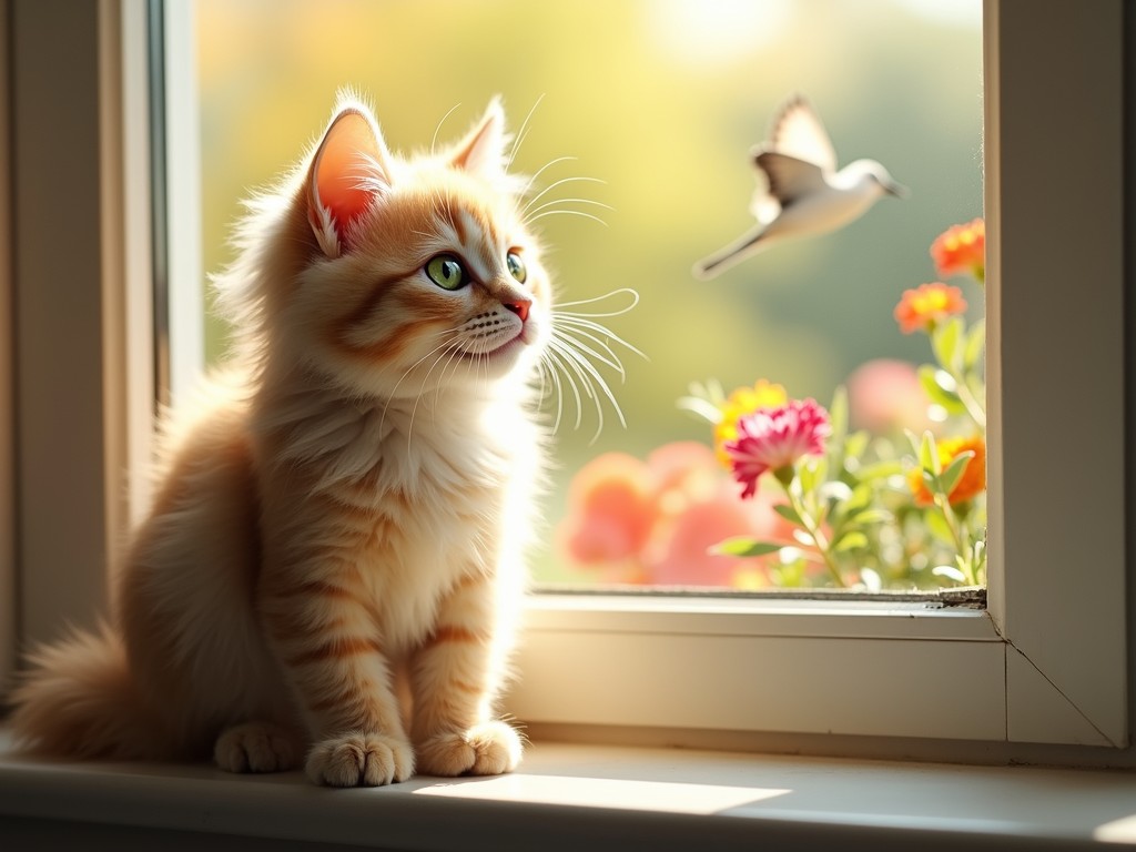 This charming image captures a fluffy ginger kitten perched on a windowsill, captivated by a bird flying just outside. The scene is bathed in warm, golden sunlight filtering through the window, illuminating colorful flowers in the foreground. The kitten's wide eyes and alert posture convey a sense of curiosity and wonder, making it a delightful portrayal of a peaceful afternoon moment.