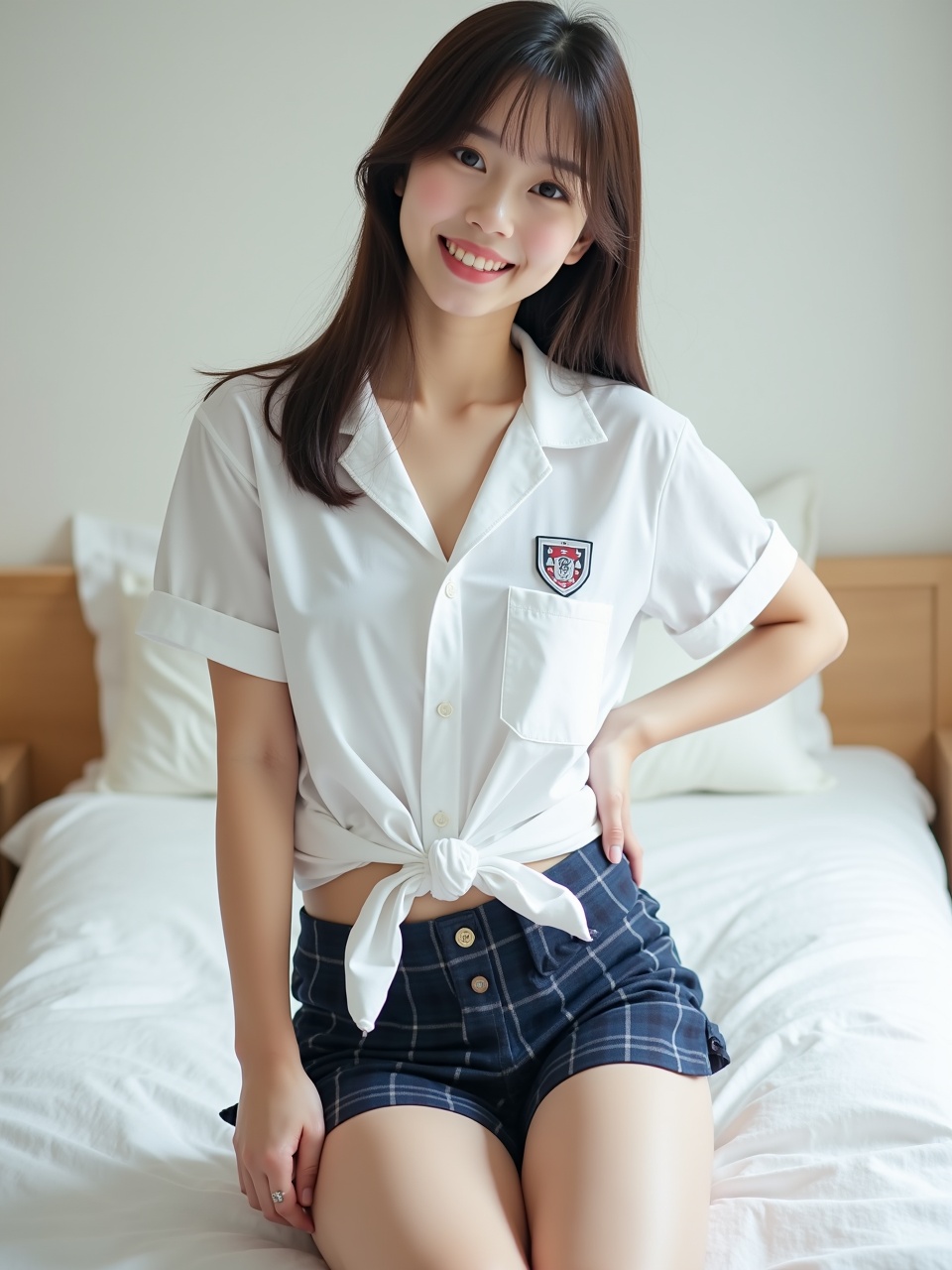 A young woman with long dark hair and a white shirt tied at the waist, sitting on a bed and smiling. She's wearing checkered shorts, with a light and serene bedroom setting in the background.