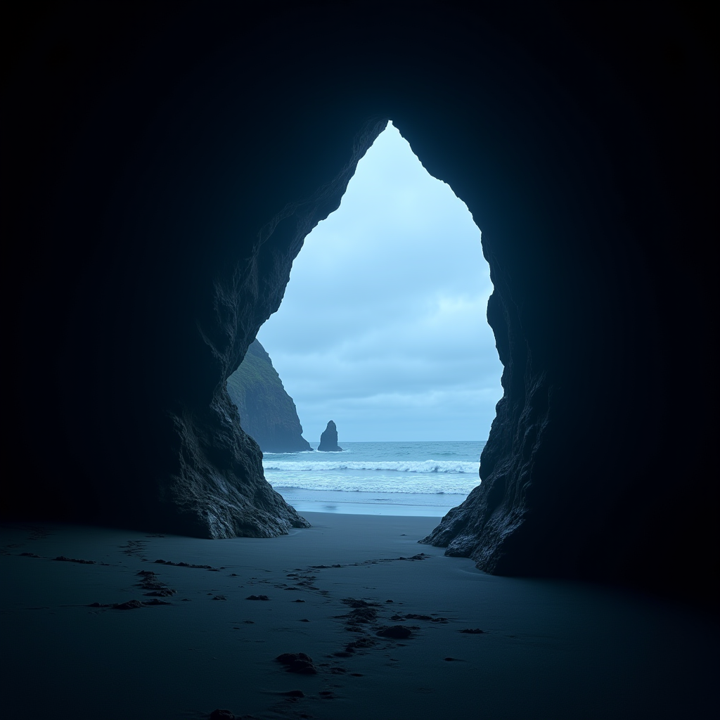 A coastal landscape as seen from the entrance of a dark cave, looking out towards the ocean and distant rock formations.