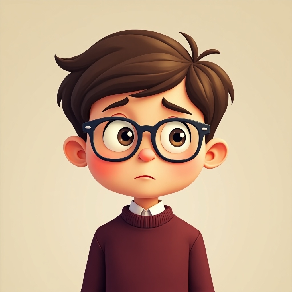 A cartoon boy with brown hair and glasses is depicted looking sad. He is wearing a cozy burgundy jumper that contrasts with the soft beige background. The boy's large, expressive eyes convey a sense of concern or worry, making him relatable to readers. His hairstyle is slightly tousled, adding to his youthful appearance. The overall style is whimsical and friendly, suitable for a children's illustration.